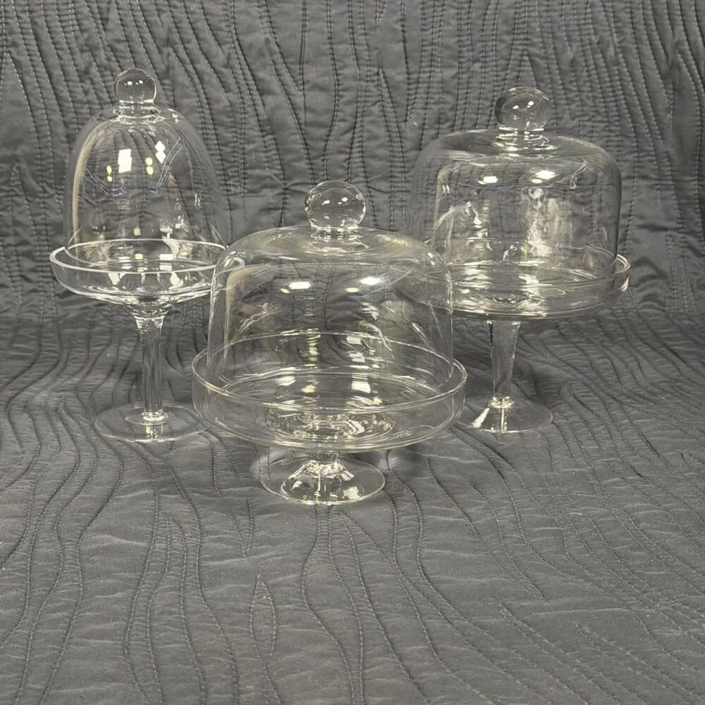 Set of 3 Clear Glass Pedestal Cake Stands w/ Domed Lids Cloches 8